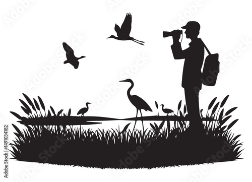 Birdwatcher's Paradise Observing Nature with Silhouetted Wildlife and Marsh Scenery