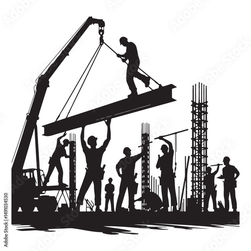 Silhouette of Construction Workers Building a Skyscraper with Crane