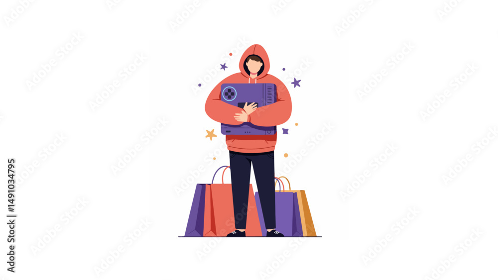 Man in hoodie clutching game console among shopping bags Man in hoodie clutching game console among shopping bags