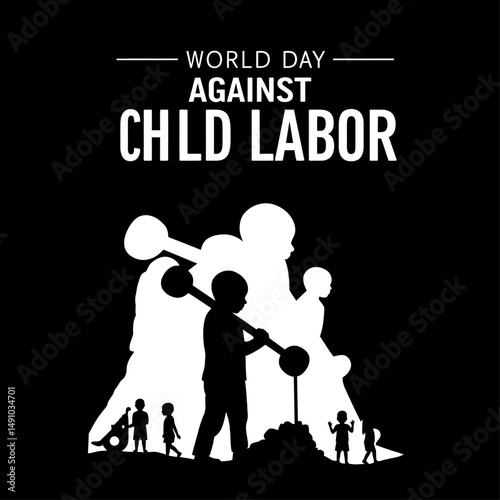 World day against child labor illustration with children silhouettes in black and white theme art