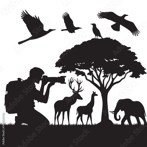 Wildlife photographer silhouette with animals vector art design element