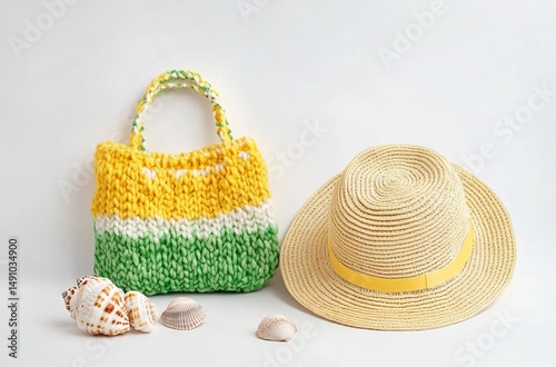 A yellow and green crocheted bag with seashells next to it, on the right is an orange straw hat, white background, flat lay photography, studio lighting, product photography, minimalist style,