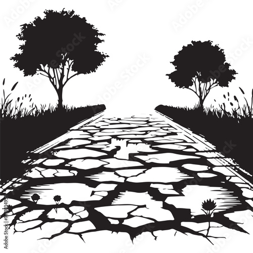 Cracked Road Silhouette Through Rural Landscape Vector Illustration
