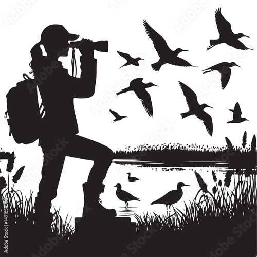 Female Birdwatcher Silhouette Observing Wildlife Through Binoculars Illustration