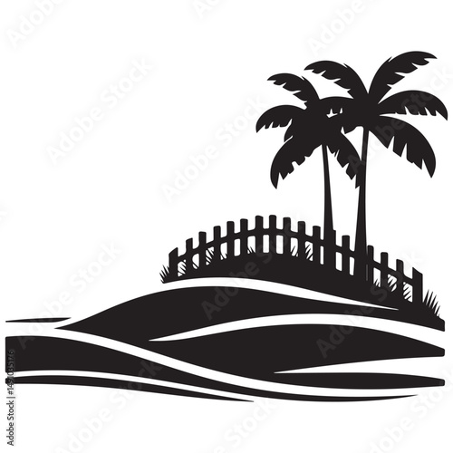 Tropical Island Silhouette Vector Graphic Illustration with Palms