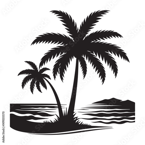 Tropical beach scene with palm trees and ocean illustration