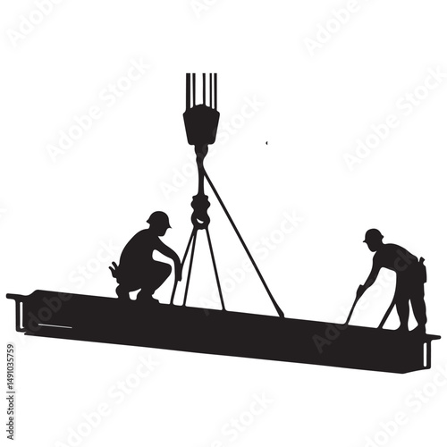 Construction workers silhouette illustration lifting steel beam vector graphic