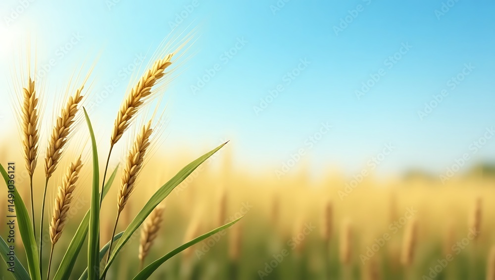 A close-up view of golden wheat ears gently swaying in the warm breeze under a wide, clear blue sky. Generative Ai.
