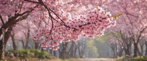 Delicate pink sakura petals drift against a bokeh of blossoming cherry trees ,  japanese,  soft