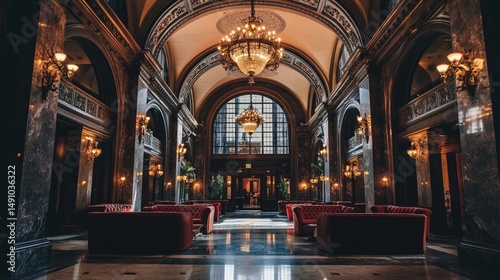 Grand opulent hotel lobby interior with high ceilings, marble, chandeliers, and plush seating.