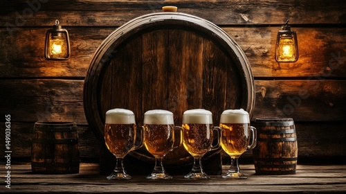 Rustic alehouse ambiance featuring a wooden barrel and beer glasses on table