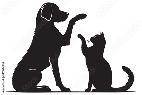 Dog and Cat High Five Silhouette Illustration Harmony and Friendship