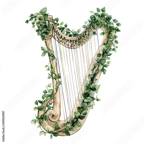 Magical Harp Made Of Vines, watercolor clipart vector, high quality, isolated on a white background.