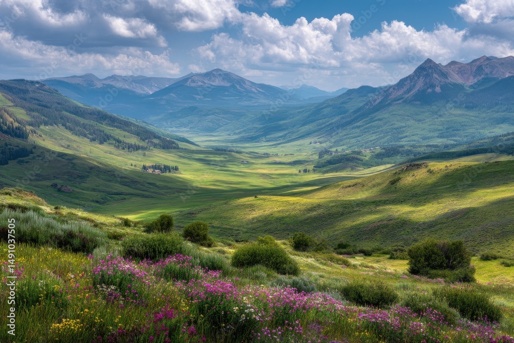 Naklejka premium Scenic Valley View With Wildflowers in Colorado, Showcasing Natural Beauty and Ecotourism Destinations for Travel and Adventure : Generative AI