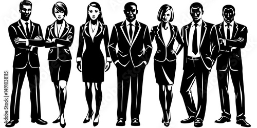 "Black and White Silhouette Illustration of Corporate Team – Business Professionals in Formal Attire"