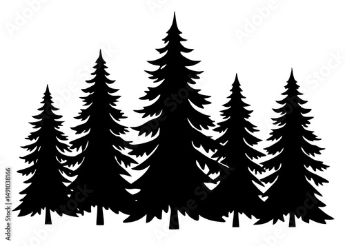 "Minimalist Pine Forest Silhouette – High Contrast Black Evergreen Tree Illustration"