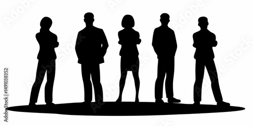 "Black and White Silhouette Illustration of Corporate Team – Business Professionals in Formal Attire"