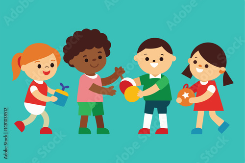 cartoon, kids playing, group of diverse children, boy with short dark hair, girl with long brown hair, girl with long blonde hair, child with short orange hair, outdoors, grass, blue sky