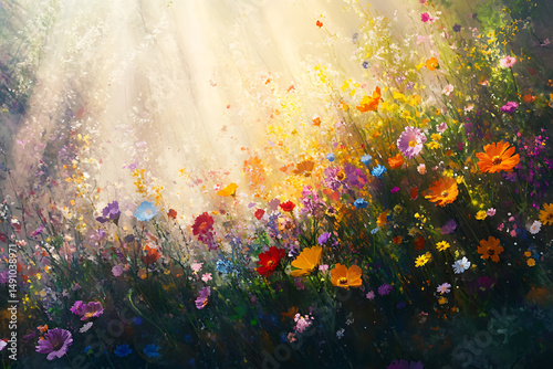 A vibrant field of colorful flowers under a bright sunlight artistic impressionist style painting