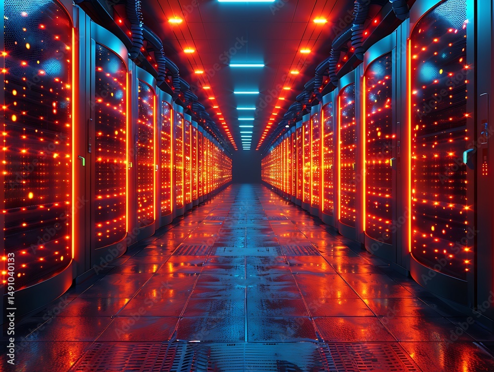 Obraz premium Futuristic server room, vibrant lighting