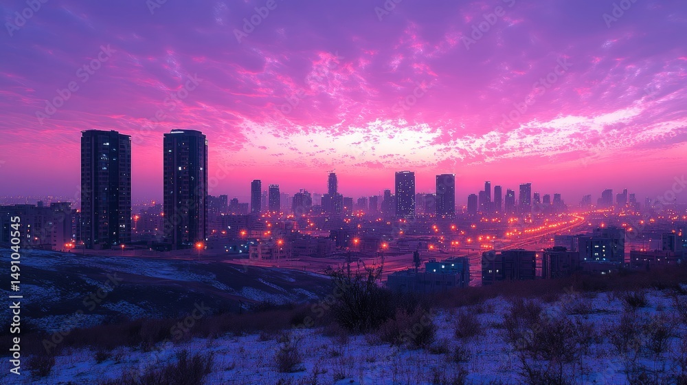 Fototapeta premium Vibrant pink sunrise over a snow-dusted city skyline.