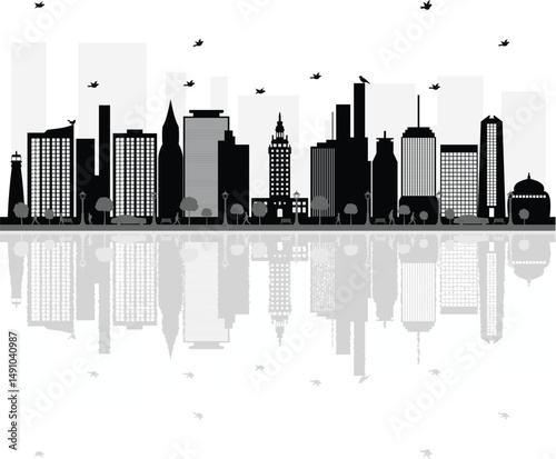 A Modern Miami skyline silhouette with tall buildings, tower reflections, and birds flying above. This is a black-and-white urban cityscape with a waterfront and minimal contrast style.