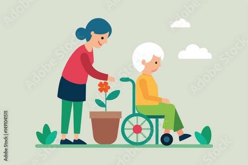 caregiver, elderly person in wheelchair, potted plant, nature, flowers, clouds, minimal style, digital illustration
