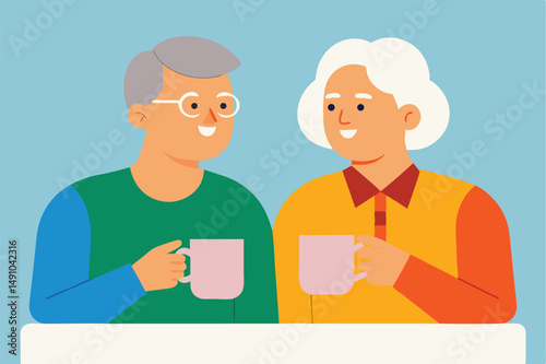 An elderly couple, an older man and woman, sitting together and enjoying a warm beverage, their faces alight with warmth and contentment, against a vibrant blue background.
