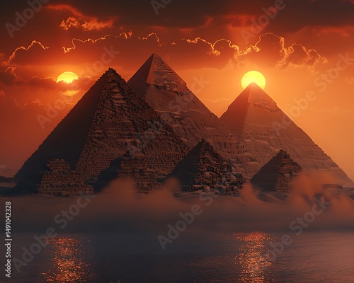 Pyramids at sunset, shrouded in mist