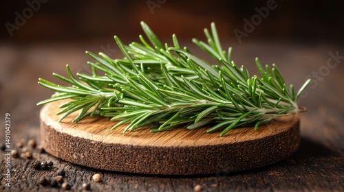 Fresh rosemary on wooden cutting board