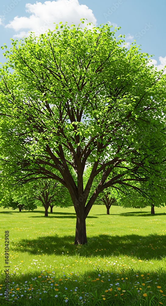 Fototapeta premium Lush Spring Orchard: Sunlight Dappled Tree