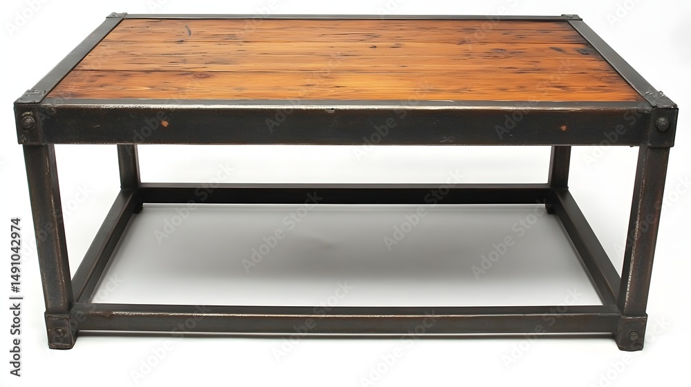 Rustic coffee table with a wooden top and metal frame. Rustic coffee table with a wooden top and metal frame.