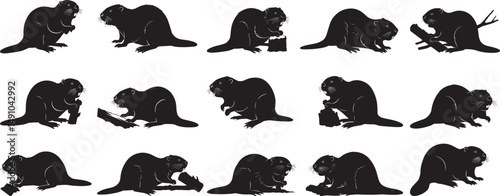 Beaver silhouette vector illustration set of rodents cutting wood and building dams animal wildlife art