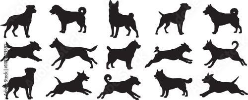 Dog silhouettes vector art illustration set of various breeds and poses for graphic design projects
