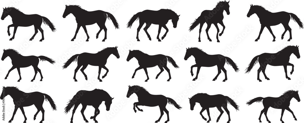 Obraz premium Horse silhouette vector art equestrian design black and white galloping horses seamless pattern equine illustration