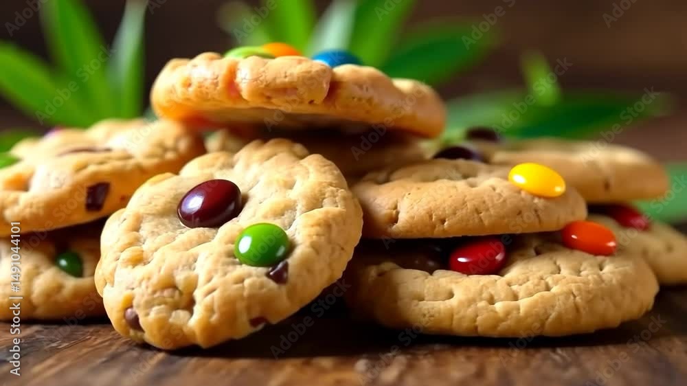 Cannabis cookies with colorful candy and marijuana leaves resting on wooden table Cannabis cookies with colorful candy and marijuana leaves resting on wooden table