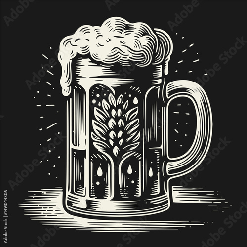 Beer mug with foamy top perfect for brewery, Oktoberfest or pub themes, sketch engraving, black and white vector illustration in vintage engraving style.