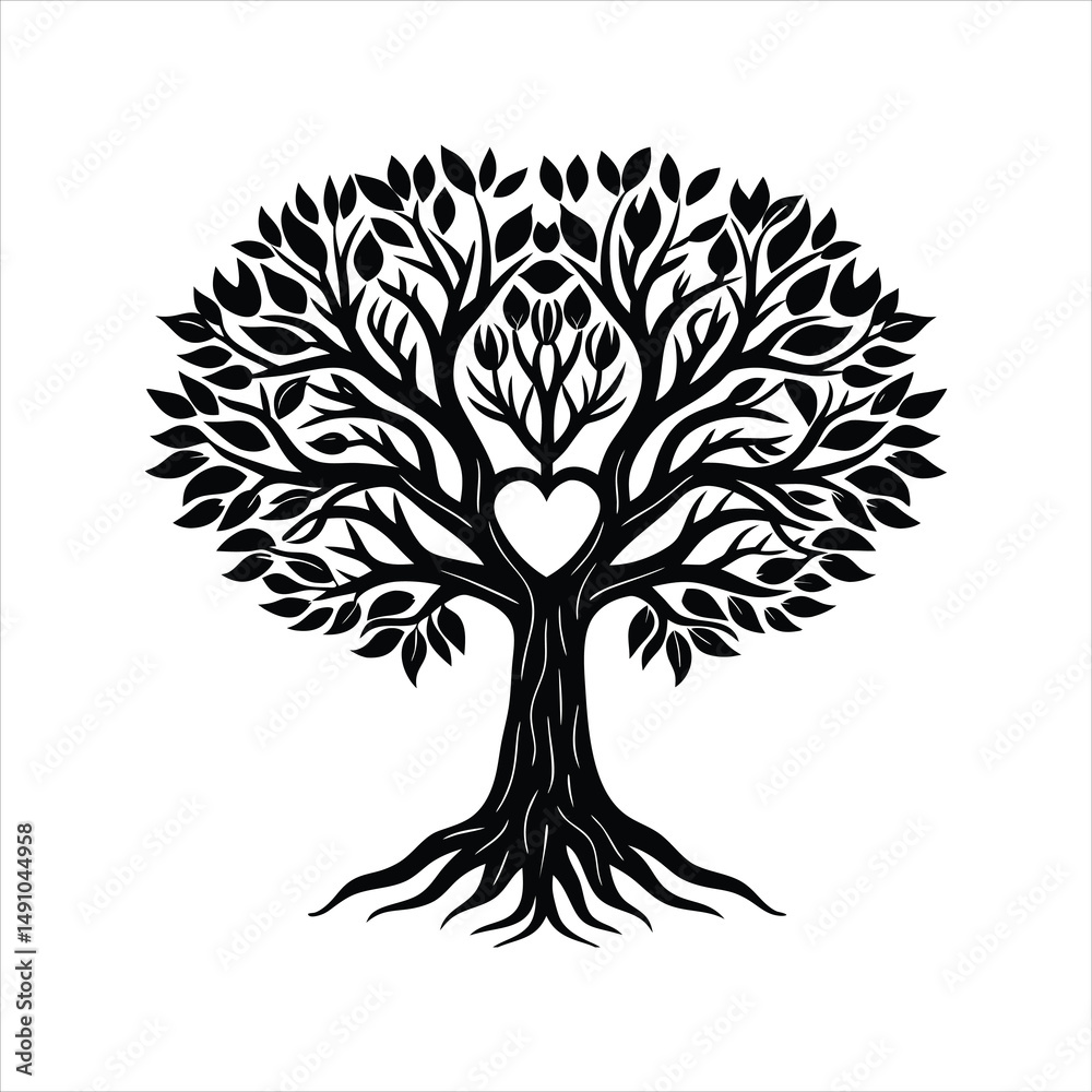 Naklejka premium Tree with Heart Silhouette Vector Illustration