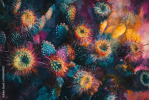 An artistic rendering of a cluster of cacti with colorful spines and textured background details
