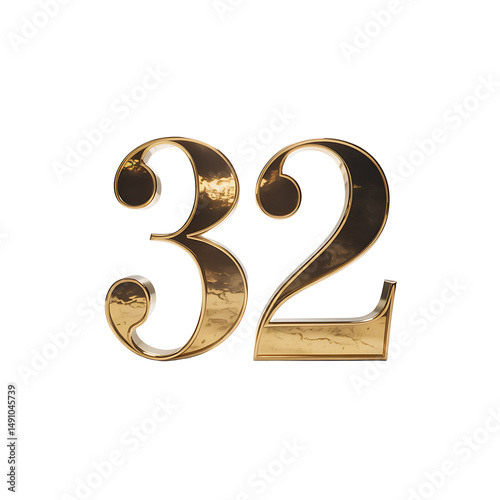 Gleaming golden number thirty two is stylishly presented on transparent background for artistic compositions