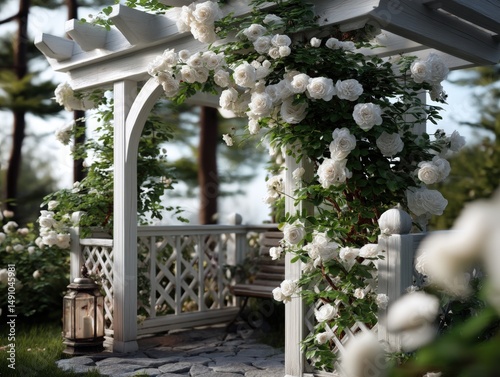 White roses climb on a wood...