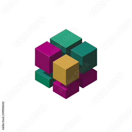 Isometric arrangement shows multiple stacked cubes of purple, yellow, and green on transparent background