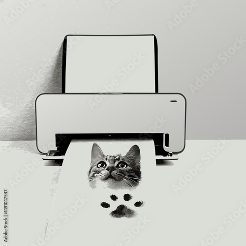 Cat image being printed from a printer with paw prints in foreground  