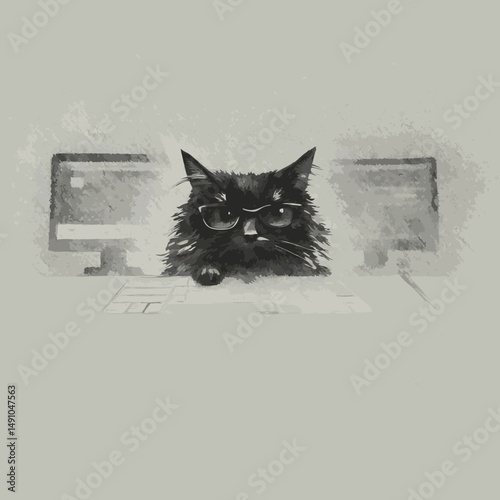 Black cat wearing glasses sitting at keyboard with computer screens  