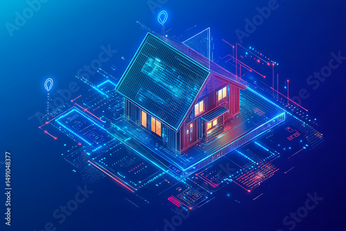 Isometric view of a house with glowing windows and neon lines on a blue background concept art