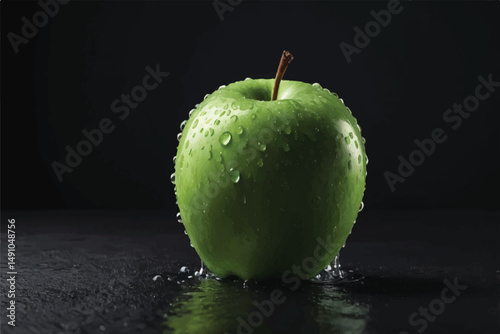 Closeup of a Green Apple Covered in Water Droplets on a Dark Surface