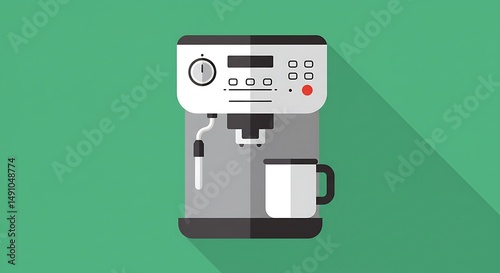 Flat vector illustration of a coffee machine with a mug on green background