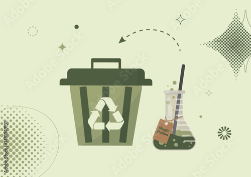 Sustainable Halloween Magic Potion and Recycling Illustration. eco-friendly Halloween graphic featuring recycling bin and laboratory flask with magic potion. Eco-friendly halloween concept. Vector