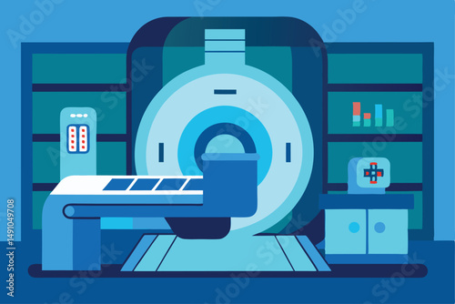 medical equipment, medical imaging, MRI machine, hospital interior, blue color scheme, futuristic design, advanced technology, diagnostic equipment, healthcare, 3D illustration, digital art

