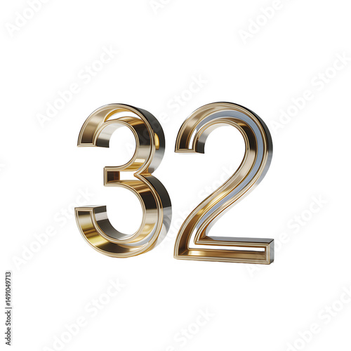 Three dimensional golden number thirty two is shining brightly on transparent background